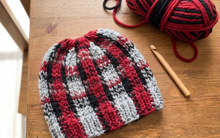 Chunky Plaid Bun Beanie: Free Beginner Crochet Pattern